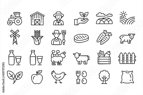 Organic Farming Icons Collection with Fruits, Vegetables, and Barnyard