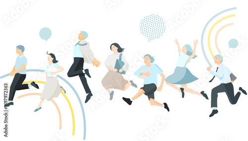 スタートアップのイメージイラストージャンプするビジネスパーソンーカジュアル服ー白バックイラスト素材Startup concept illustration: Businessperson jumping—Casual attire—White background illustration material
