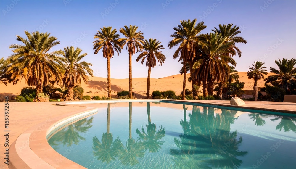 Fototapeta premium Palm trees, pool, desert sunrise