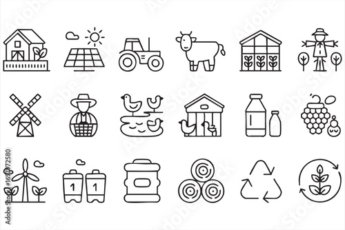 Rural Agriculture Icons Set with Farmhouse, Barn, and Animals