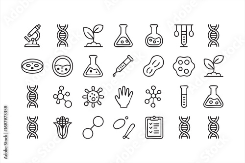 Biotechnology Research Icons with DNA, Microscope, and Lab Equipment