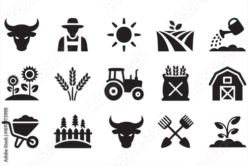 Farming Icon Pack Featuring Animals Plants Tools and Agricultural Elements