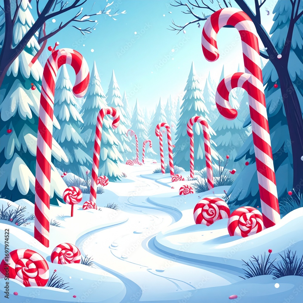 Fototapeta premium Whimsical Winter Wonderland with Giant Candy Canes and Peppermint Candies.