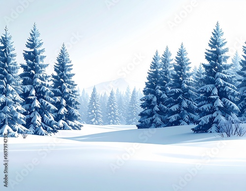 Winter wonderland scene with snow covered pine trees and white sky.