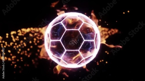 Fiery soccer ball with black and white patterns, an abstract symbol of the game