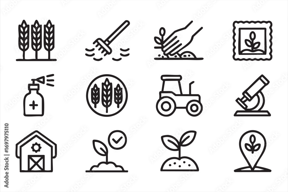 Fototapeta premium Farming and agriculture icon pack with soil, sprout and pesticide symbols