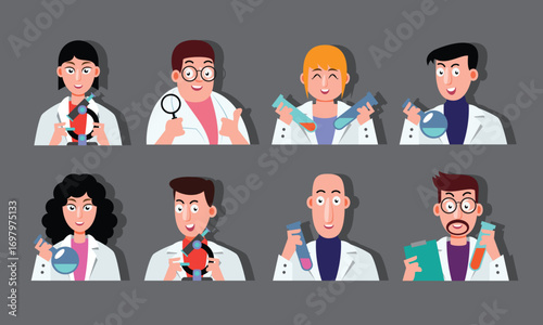 Cartoon scientists and researchers vector illustration set