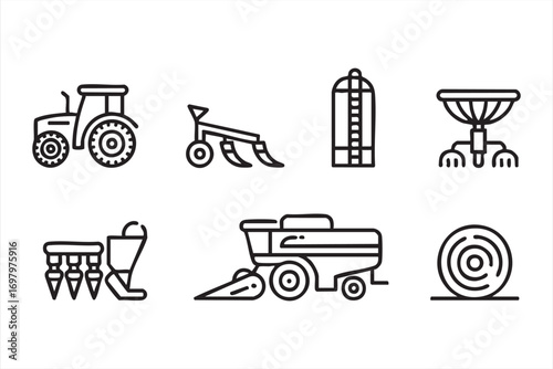 Agriculture equipment symbols including silo, sprinkler and seed drill