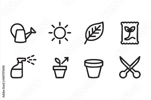 Plant care and gardening symbols including fertilizer bag and pot