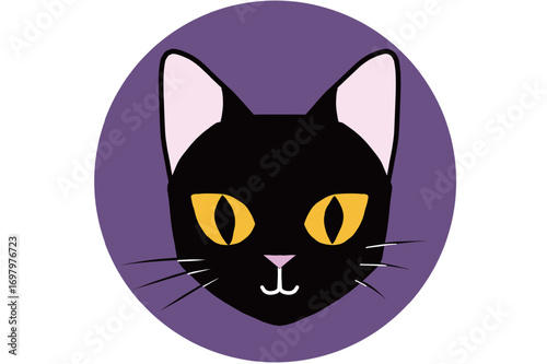 紫の背景に描かれた黒猫の顔のベクターイラスト。黄色い目とピンクの鼻が特徴的で、シンプルかつかわいらしいデザイン。ハロウィンや装飾用アイコン素材として使いやすい｜猫,黒猫,顔,耳,目,鼻,ひげ,ベクター