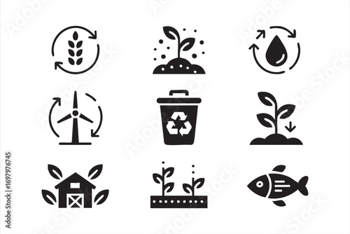 Eco-friendly agriculture symbols including renewable energy and fish farming