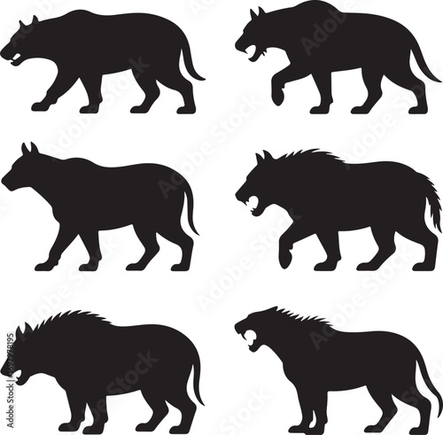 Collection of black silhouettes of snarling wild cat creatures animal predator