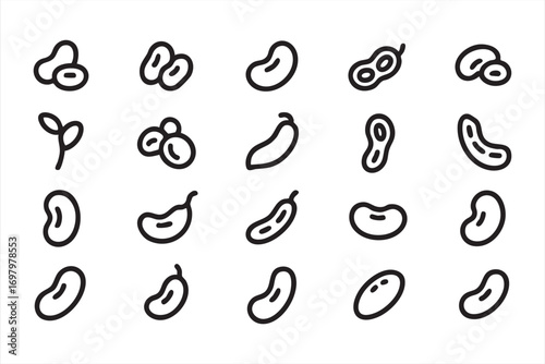 Bean seed line icons set with pods and legumes isolated on white