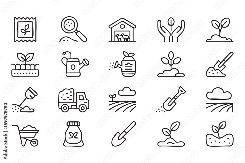 Fototapeta premium Fertilizer, seedling and soil cultivation icons in linear vector style