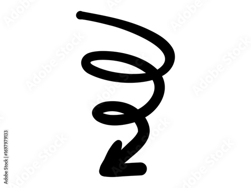 手描きのスムーズな黒いペンのくるくる矢印。螺旋。抑揚のあるダイナミックなシルエット。ベクター。背景透過。右回り。