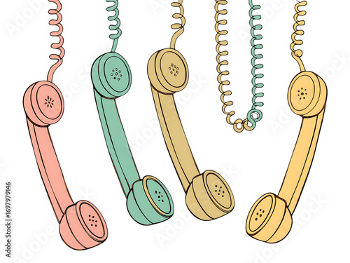 A collection of vintage telephone handsets hanging with coiled cords in pastel colors isolated on black