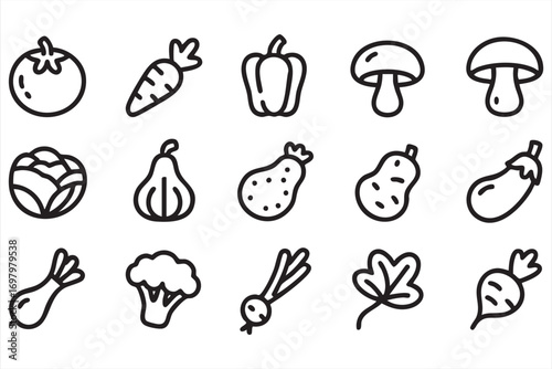 Fresh farm produce icons with cabbage, pear, onion and pumpkin