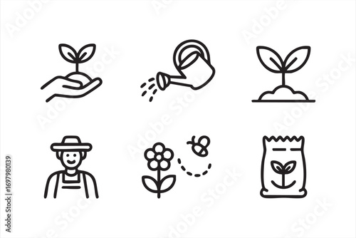 Gardening and farming line icons set with seedling and watering can