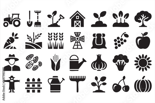 Fruits, vegetables and crops farming symbol pack isolated on white