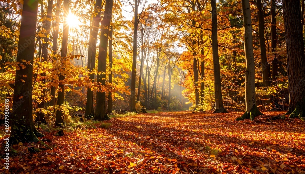 Obraz premium Sunlit autumn forest path, vibrant gold & orange leaves cover ground, trees, and sky