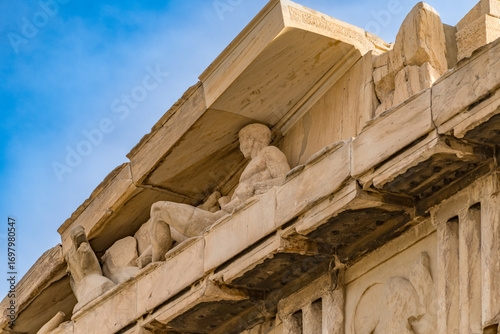 Canvas Print Close-up of a marble sculpture on the Parthenon pediment at the Acropolis in Athens, Greece, showing ancient Greek classical art and architectural detail