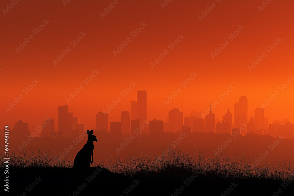 Fototapeta premium Urbanization and wildlife with kangaroo silhouette. Landscape of a wild animal and city