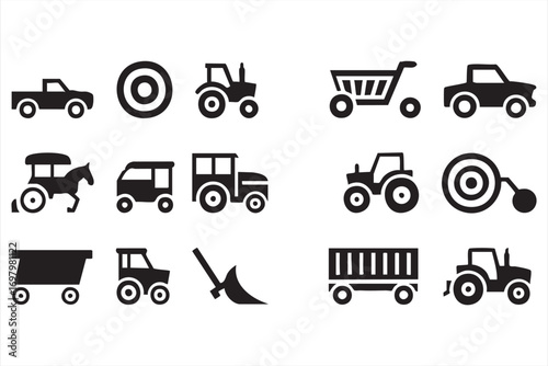 Black silhouette collection of agricultural and industrial transport icons