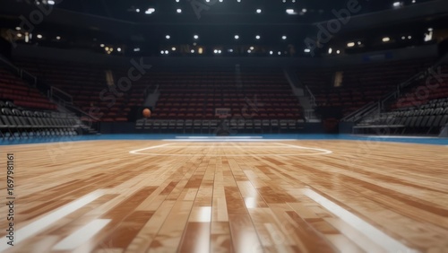 Empty Basketball Arena Court with Dramatic Lighting and Blurred Seating