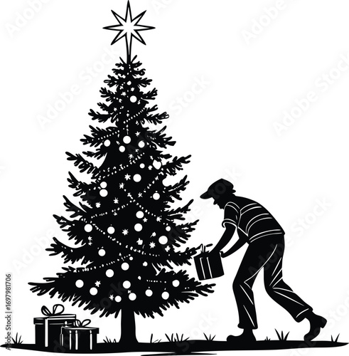 Elegant black and white silhouette of a decorated christmas tree design