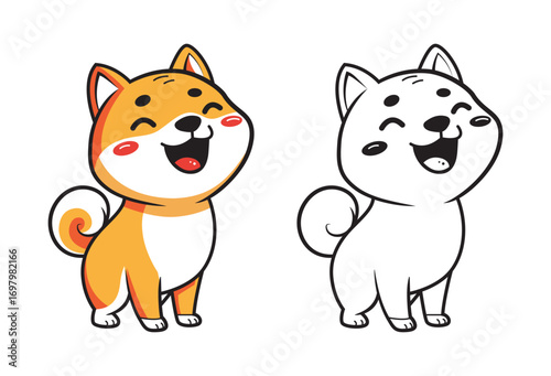 Cute Shiba Inu Dog Coloring Page, Two Versions