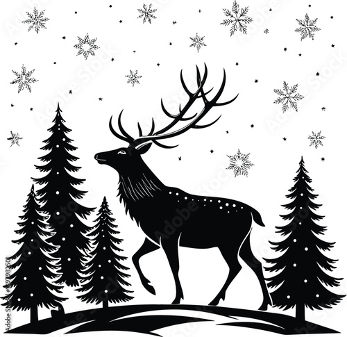 Elegant black and white silhouette of a standing reindeer for festive designs
