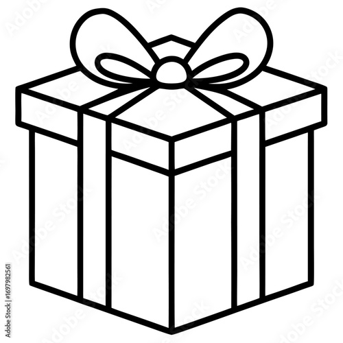 Illustration of a wrapped gift with a bow in black and white outline drawing for graphic designers