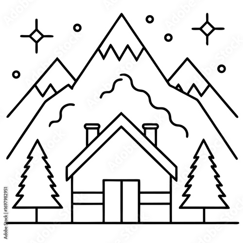 Cozy Cabin Retreat Amidst Majestic Mountains and Snowy Landscape Line Art Illustration