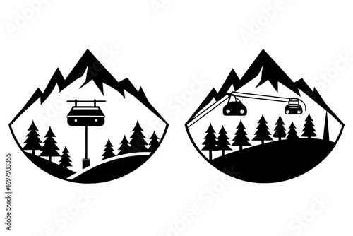 Ski resort with ski lifts, snowboarders and skiers on snowy mountains, resort house on top, surrounded by pine trees, vector illustration
