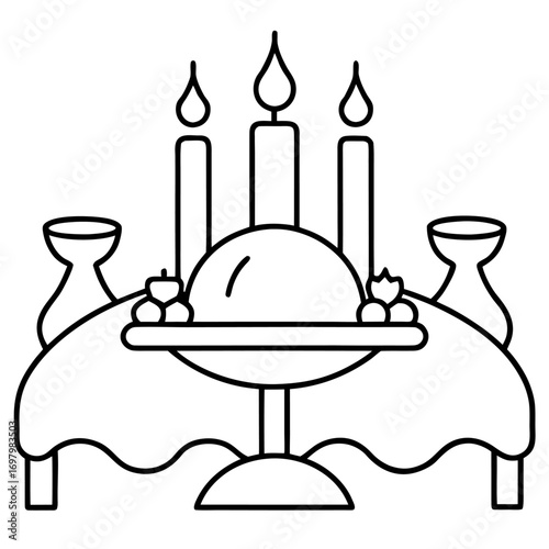 Festive Dinner Table with Candles and Covered Dish Outline Illustration for Creative Projects and Invitations