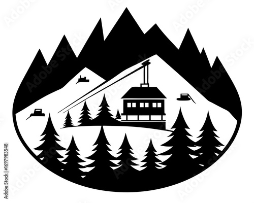 Ski resort with ski lifts, snowboarders and skiers on snowy mountains, resort house on top, surrounded by pine trees, vector illustration