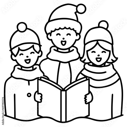 Cheerful children sing Christmas carols illustration in black and white for festive holiday season projects and designs