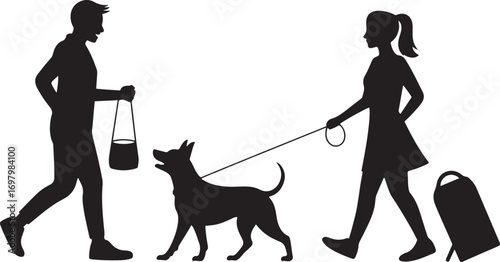 Couple walking dog with luggage silhouettes on white background woman