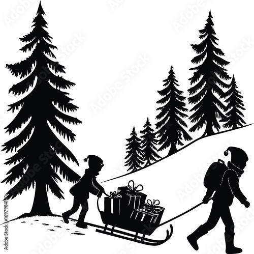 Children joyfully pulling a sled filled with presents during winter