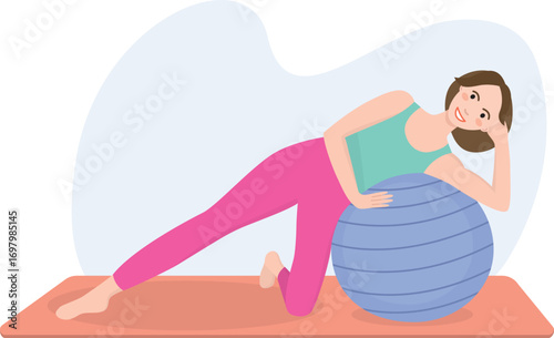 Young woman exercising with a fitness ball on a yoga mat. Wellness, self-care, sport and modern health concept
