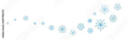 Hand drawn crayon blue silver snow flake filigree wave. Winter snowfall swirl border. Merry Christmas and Happy New Year divider. Pencil falling snowflake trail. Festive pattern ornament