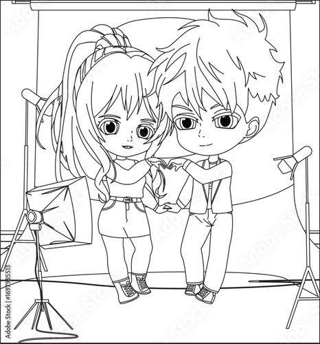 Lover Couple Adult Coloring Page Doing Photoshoot In Studio Black And White Vector
