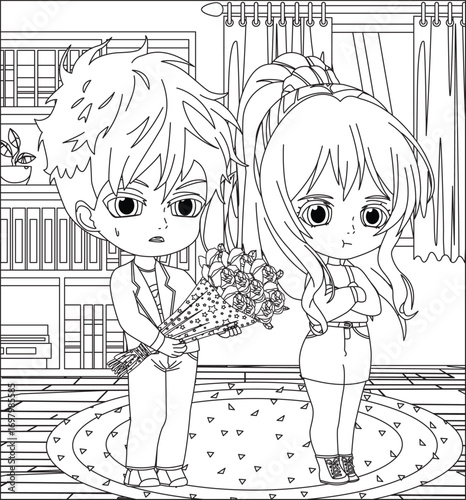 Chibi Couple Proposal Coloring Page For Adult Cartoon People Line Art Vector