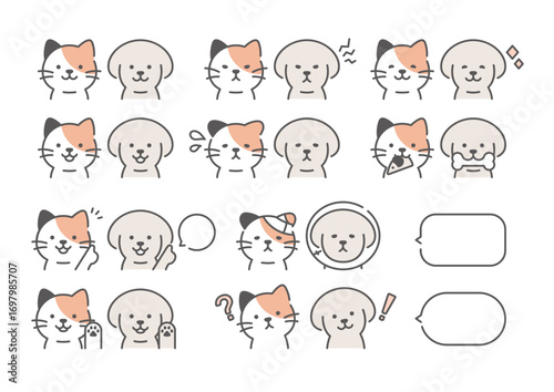 犬と猫　表情イラスト　三毛猫とトイプー