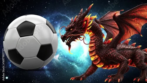 A black and white vector illustration of a dragon playing with a fiery soccer ball