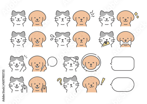 犬と猫　表情イラスト　ハチワレとトイプー