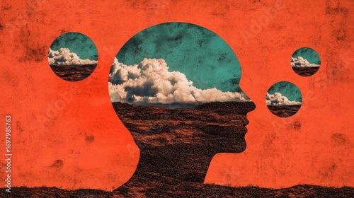 Dreamscape Mindscape: Head Silhouette with Clouds and Sea, Orange Textured Background