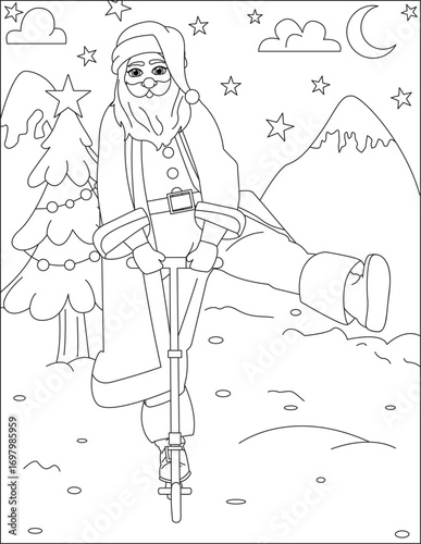 Santa Riding Kick Scooter Christmas Coloring Page Santa Claus Holiday Fun