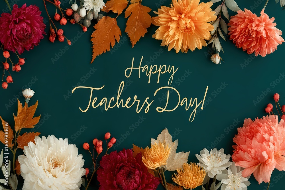 Fototapeta premium Happy Teacher's Day card, congratulations on a dark green background, autumn flowers around