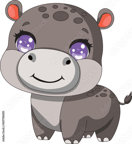 Cute Chibi Hippo Cartoon Vector Hippopotamus Doodle Art Animal Mascot